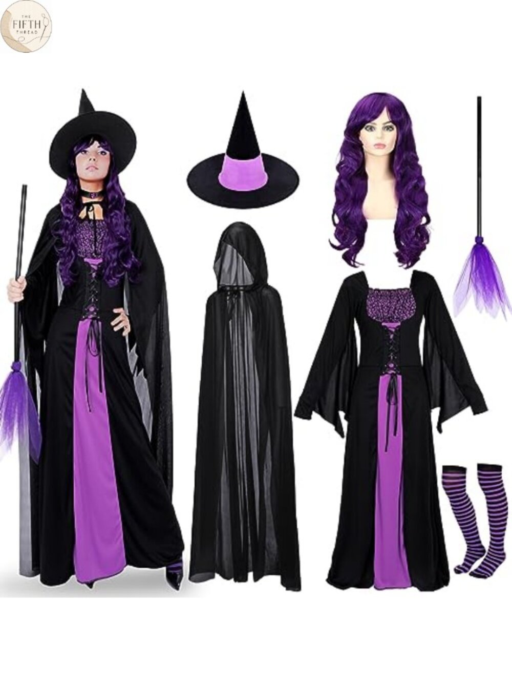 Witch Costume Set 7 Pcs Women Hooded Dress Hat Cloak Wig Broom Halloween